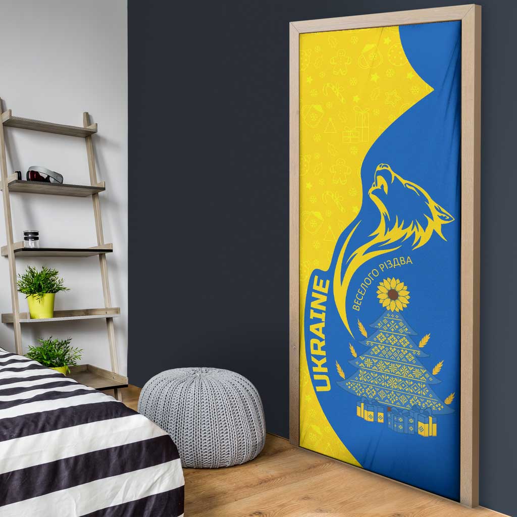 Ukraine Christmas Door Cover with Howling Wolf Sunflower Tree and Traditional Ornament Design - Wonder Print Shop