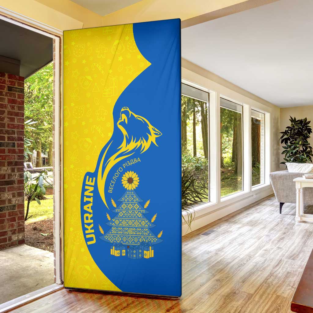Ukraine Christmas Door Cover with Howling Wolf Sunflower Tree and Traditional Ornament Design - Wonder Print Shop
