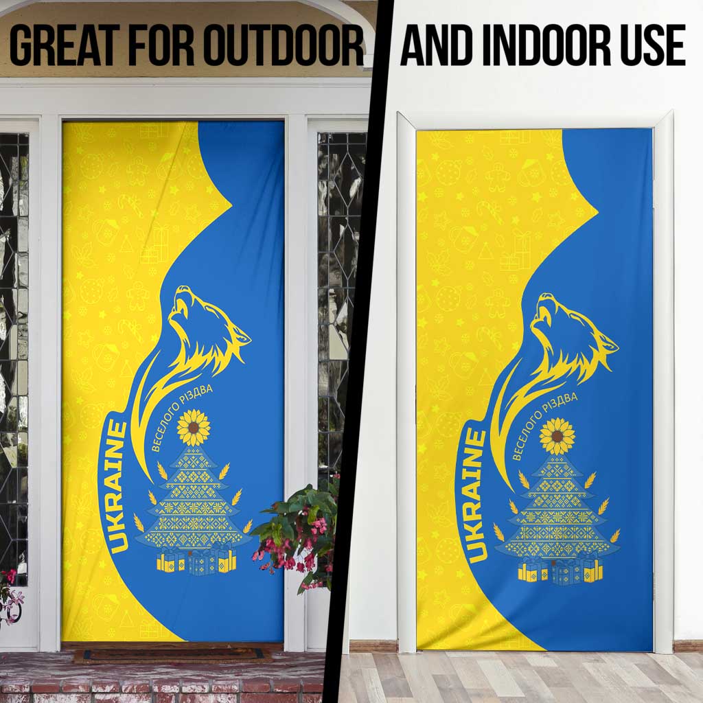 Ukraine Christmas Door Cover with Howling Wolf Sunflower Tree and Traditional Ornament Design - Wonder Print Shop