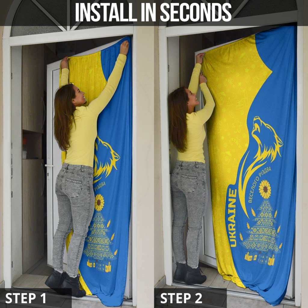 Ukraine Christmas Door Cover with Howling Wolf Sunflower Tree and Traditional Ornament Design - Wonder Print Shop