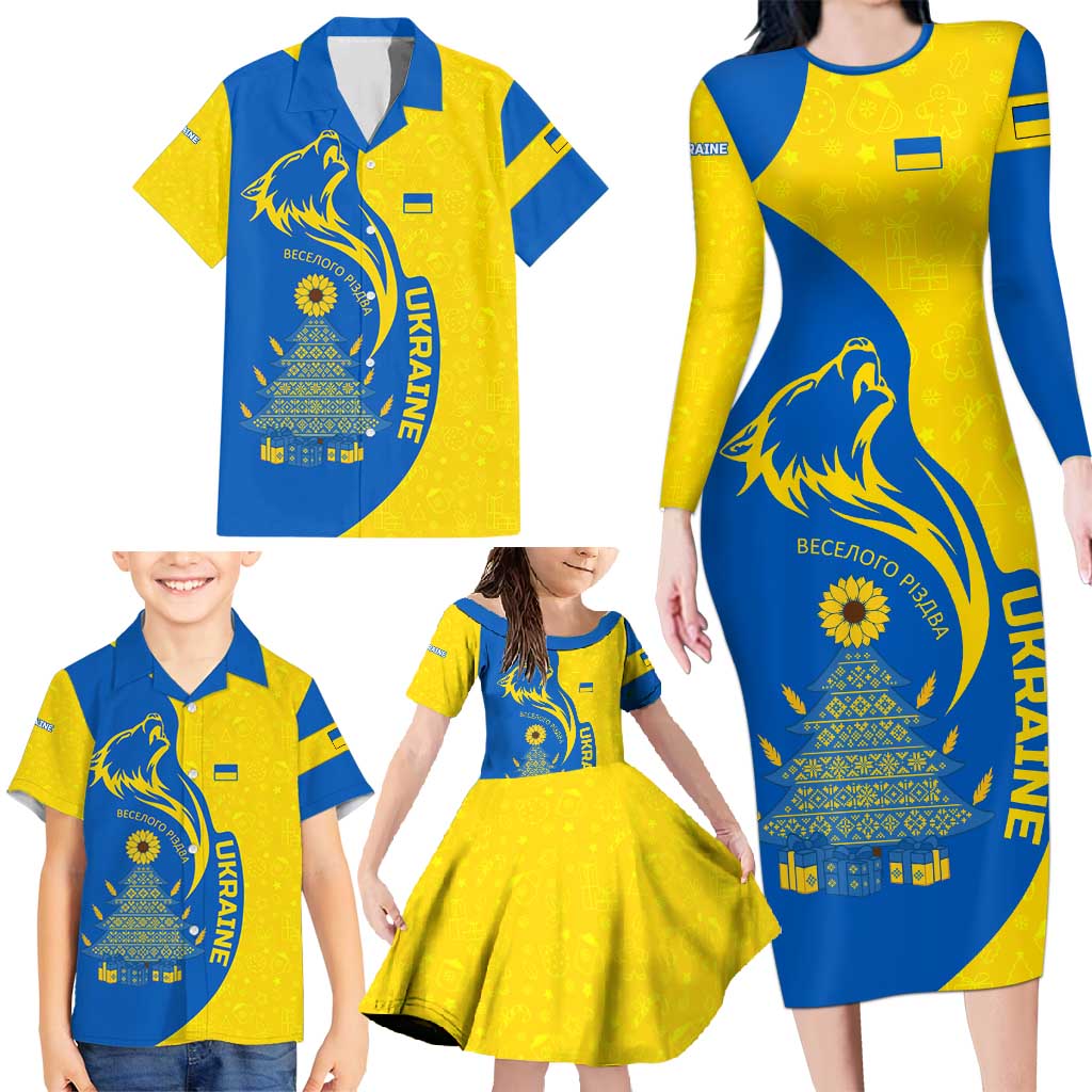 Ukraine Christmas Family Matching Long Sleeve Bodycon Dress and Hawaiian Shirt with Howling Wolf Sunflower Tree and Traditional Ornament Design - Wonder Print Shop