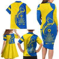 Ukraine Christmas Family Matching Long Sleeve Bodycon Dress and Hawaiian Shirt with Howling Wolf Sunflower Tree and Traditional Ornament Design - Wonder Print Shop