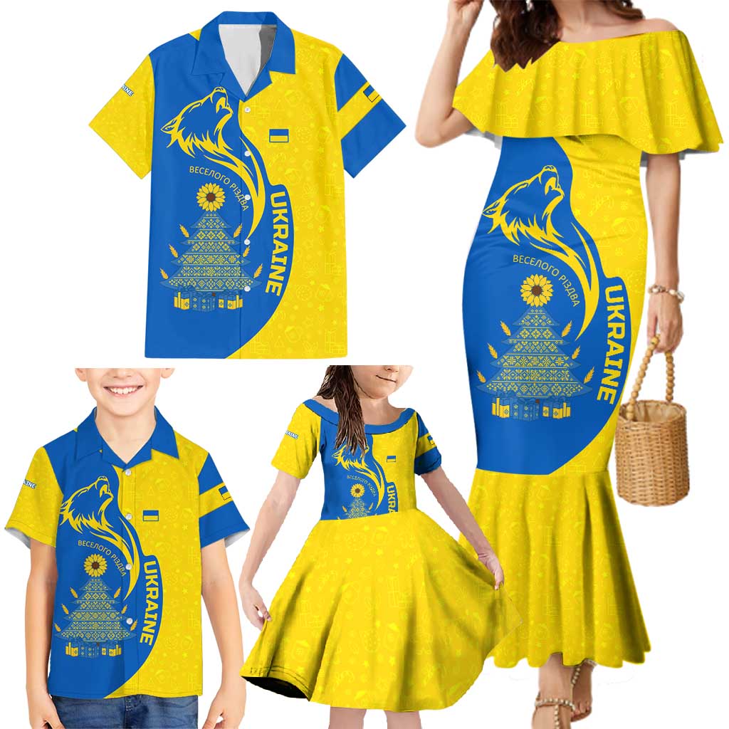 Ukraine Christmas Family Matching Mermaid Dress and Hawaiian Shirt with Howling Wolf Sunflower Tree and Traditional Ornament Design - Wonder Print Shop