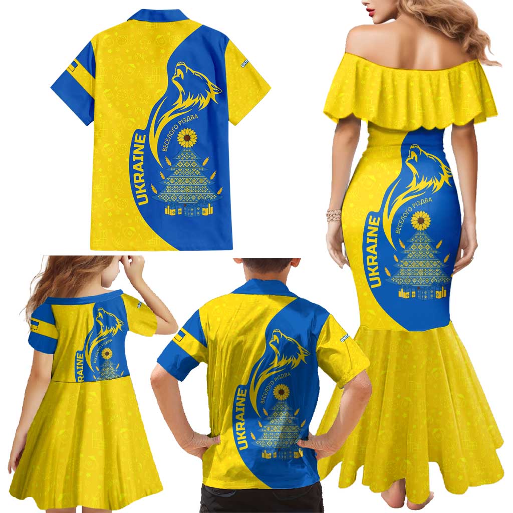 Ukraine Christmas Family Matching Mermaid Dress and Hawaiian Shirt with Howling Wolf Sunflower Tree and Traditional Ornament Design - Wonder Print Shop