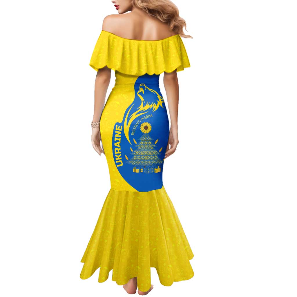 Ukraine Christmas Family Matching Mermaid Dress and Hawaiian Shirt with Howling Wolf Sunflower Tree and Traditional Ornament Design - Wonder Print Shop