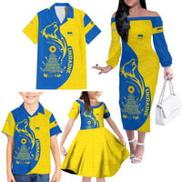 Ukraine Christmas Family Matching Off The Shoulder Long Sleeve Dress and Hawaiian Shirt with Howling Wolf Sunflower Tree and Traditional Ornament Design - Wonder Print Shop