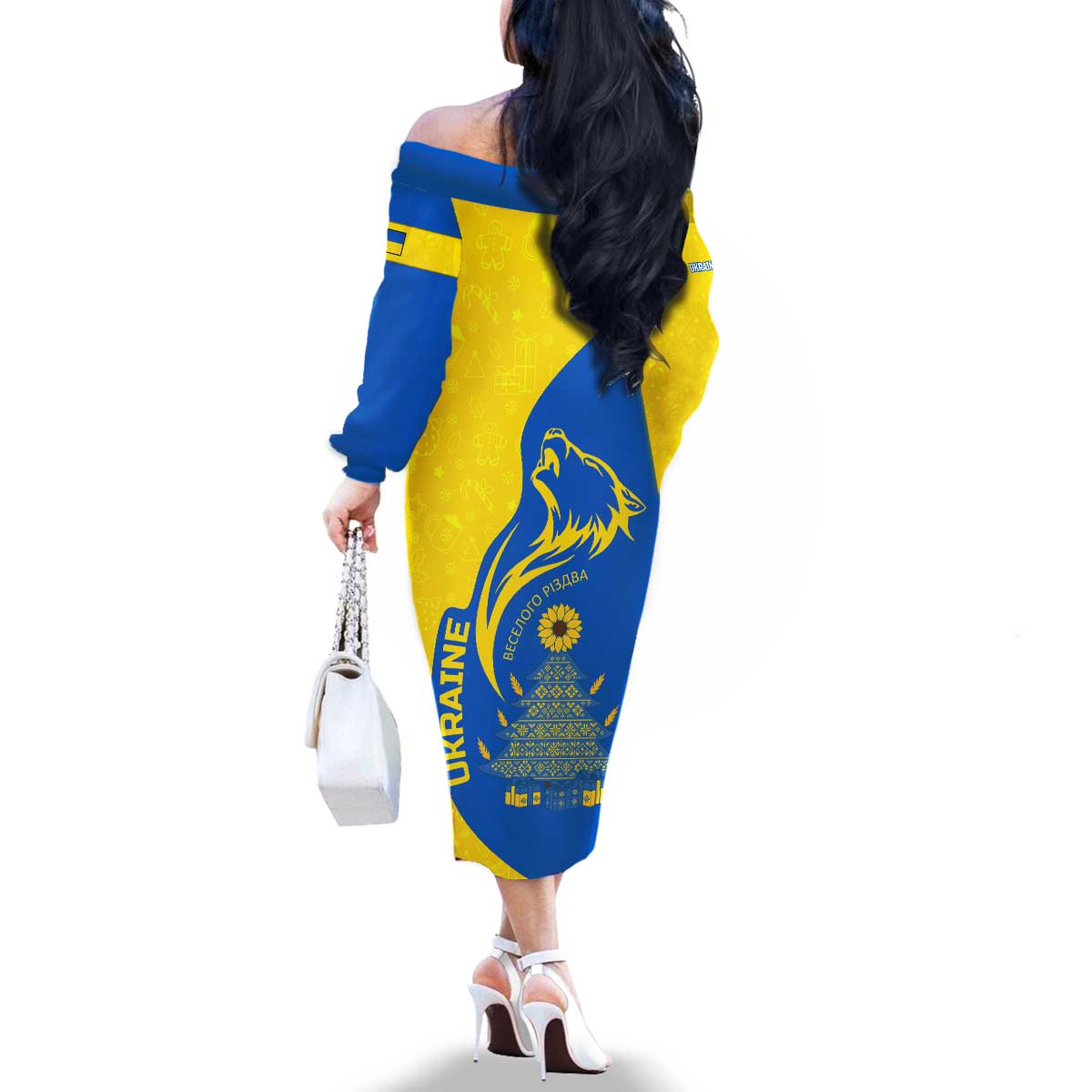 Ukraine Christmas Family Matching Off The Shoulder Long Sleeve Dress and Hawaiian Shirt with Howling Wolf Sunflower Tree and Traditional Ornament Design - Wonder Print Shop