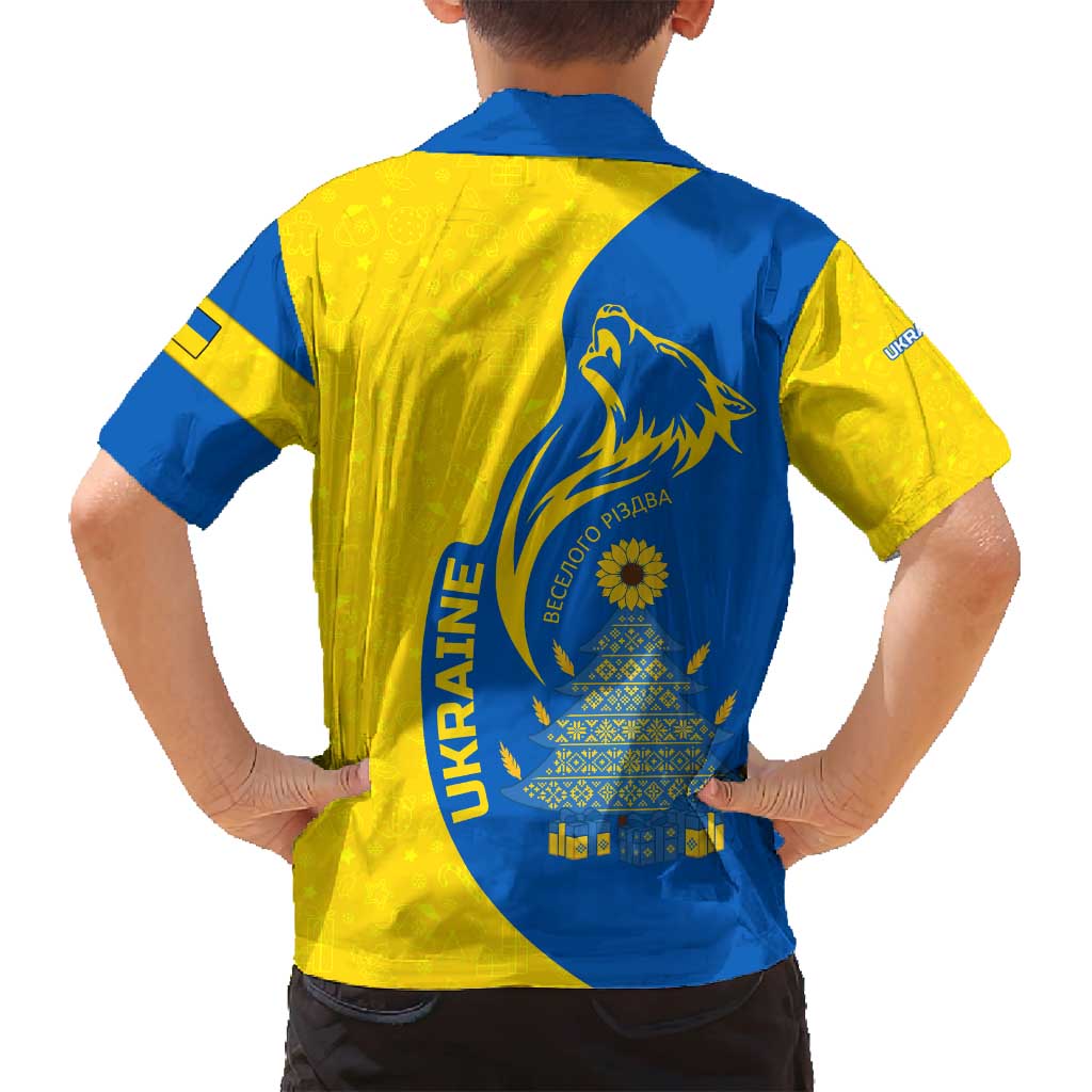 Ukraine Christmas Family Matching Off Shoulder Maxi Dress and Hawaiian Shirt with Howling Wolf Sunflower Tree and Traditional Ornament Design - Wonder Print Shop