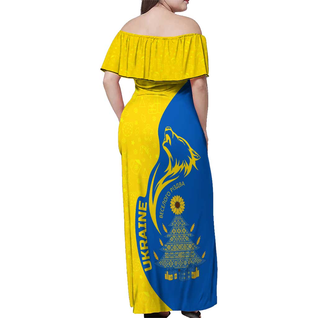 Ukraine Christmas Family Matching Off Shoulder Maxi Dress and Hawaiian Shirt with Howling Wolf Sunflower Tree and Traditional Ornament Design - Wonder Print Shop