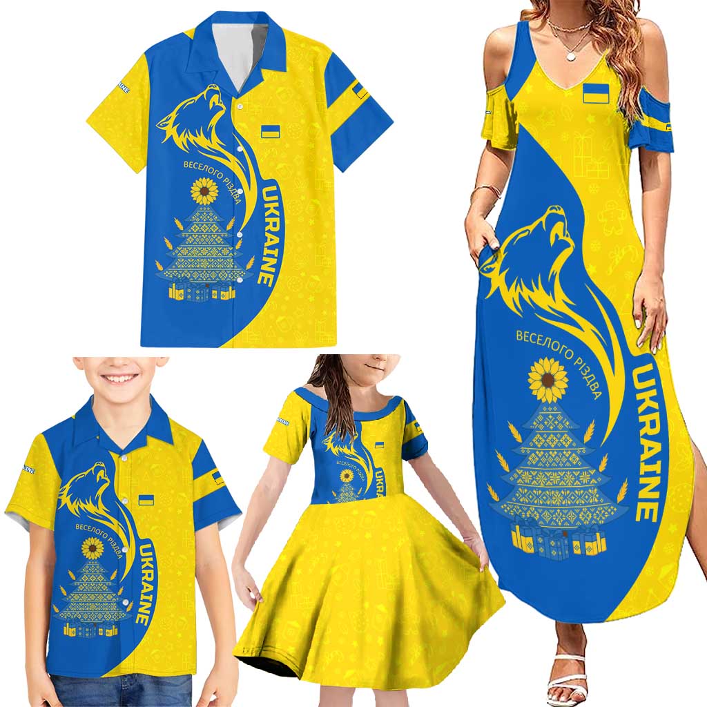 Ukraine Christmas Family Matching Summer Maxi Dress and Hawaiian Shirt with Howling Wolf Sunflower Tree and Traditional Ornament Design - Wonder Print Shop