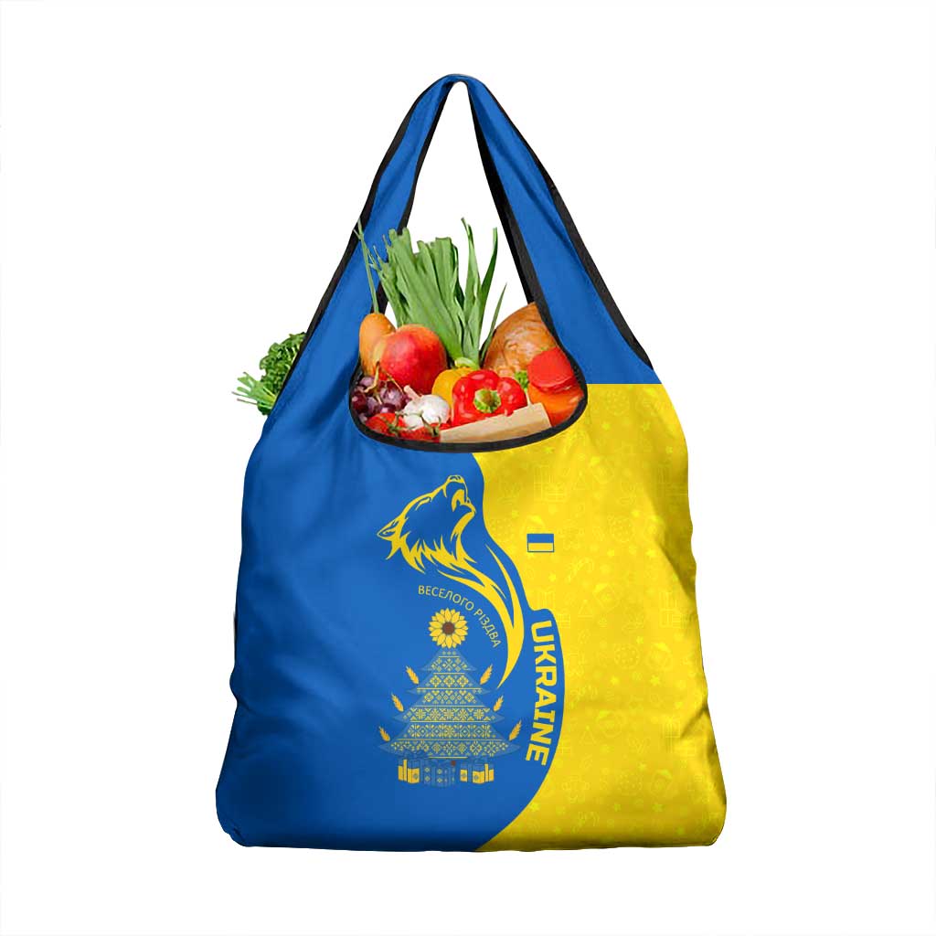 Ukraine Christmas Grocery Bag with Howling Wolf Sunflower Tree and Traditional Ornament Design - Wonder Print Shop