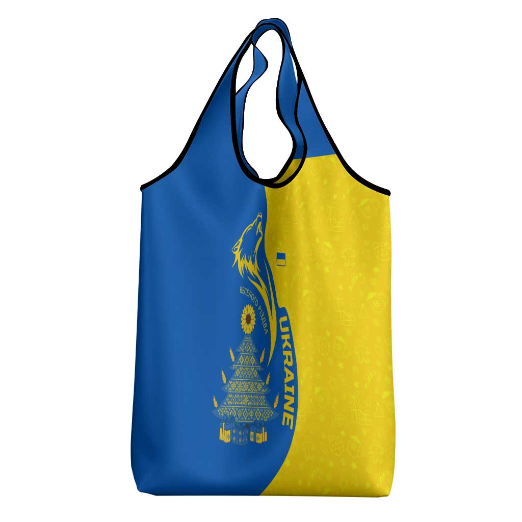 Ukraine Christmas Grocery Bag with Howling Wolf Sunflower Tree and Traditional Ornament Design - Wonder Print Shop