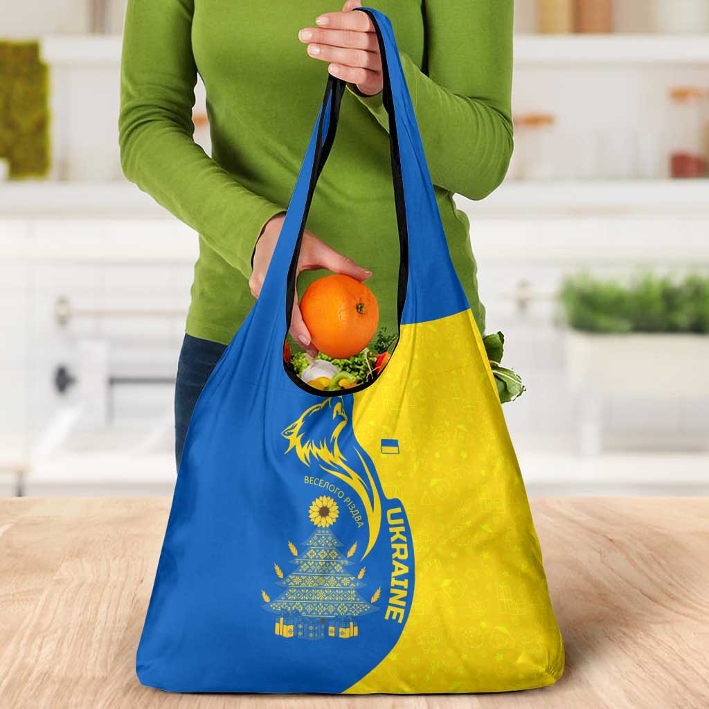 Ukraine Christmas Grocery Bag with Howling Wolf Sunflower Tree and Traditional Ornament Design - Wonder Print Shop