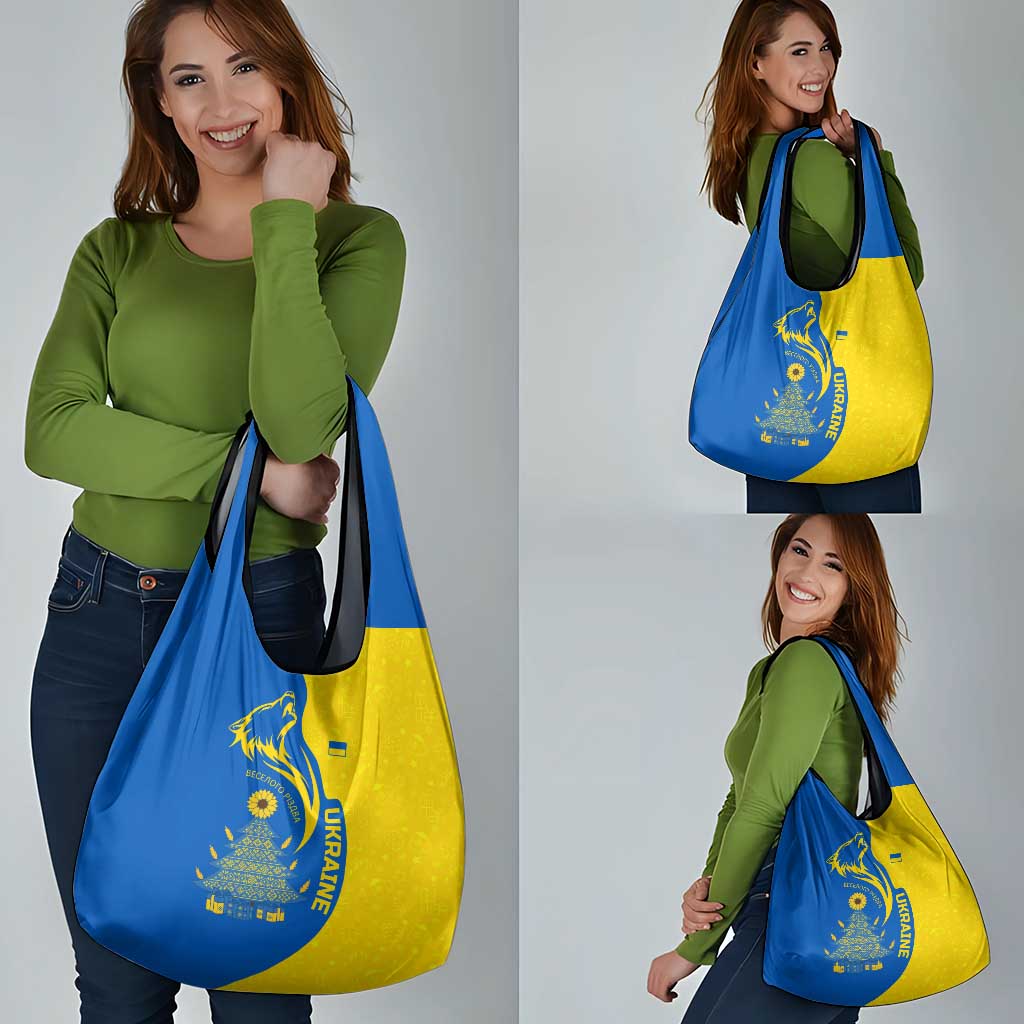 Ukraine Christmas Grocery Bag with Howling Wolf Sunflower Tree and Traditional Ornament Design - Wonder Print Shop