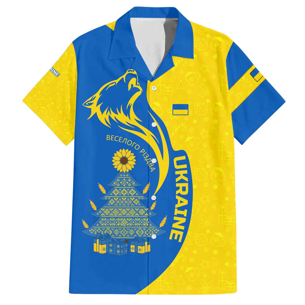 Ukraine Christmas Hawaiian Shirt with Howling Wolf Sunflower Tree and Traditional Ornament Design - Wonder Print Shop