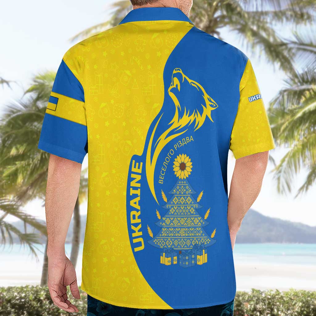 Ukraine Christmas Hawaiian Shirt with Howling Wolf Sunflower Tree and Traditional Ornament Design - Wonder Print Shop