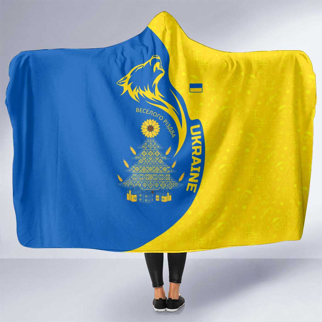 Ukraine Christmas Hooded Blanket with Howling Wolf Sunflower Tree and Traditional Ornament Design - Wonder Print Shop