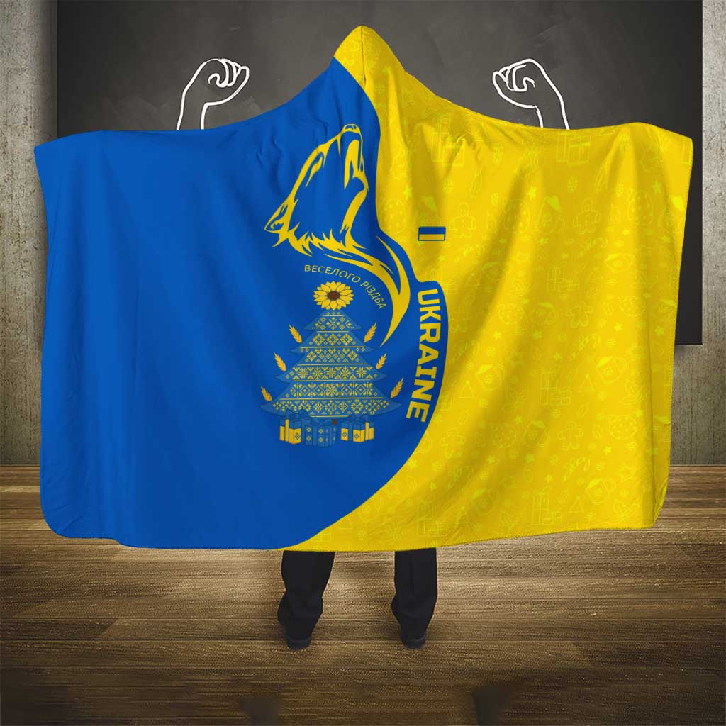 Ukraine Christmas Hooded Blanket with Howling Wolf Sunflower Tree and Traditional Ornament Design - Wonder Print Shop