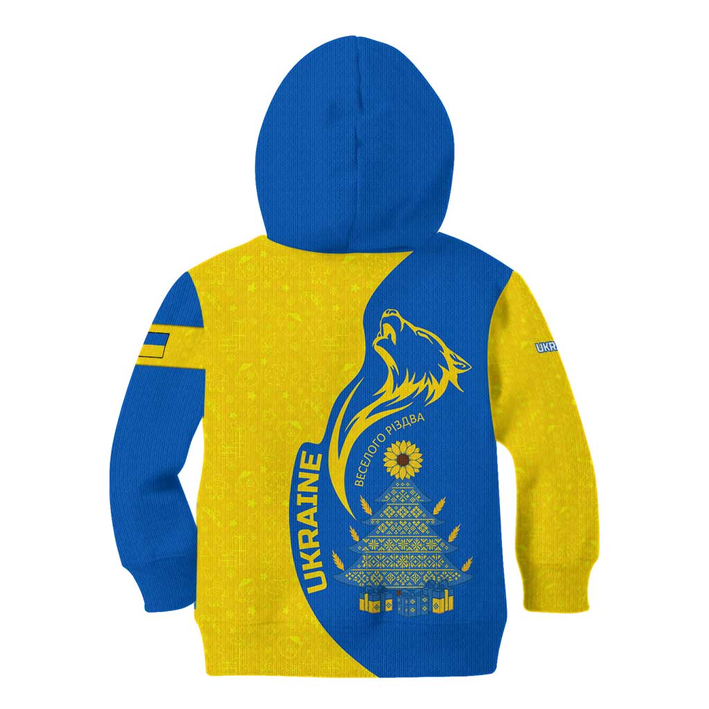 Ukraine Christmas Kid Hoodie with Howling Wolf Sunflower Tree and Traditional Ornament Design - Wonder Print Shop