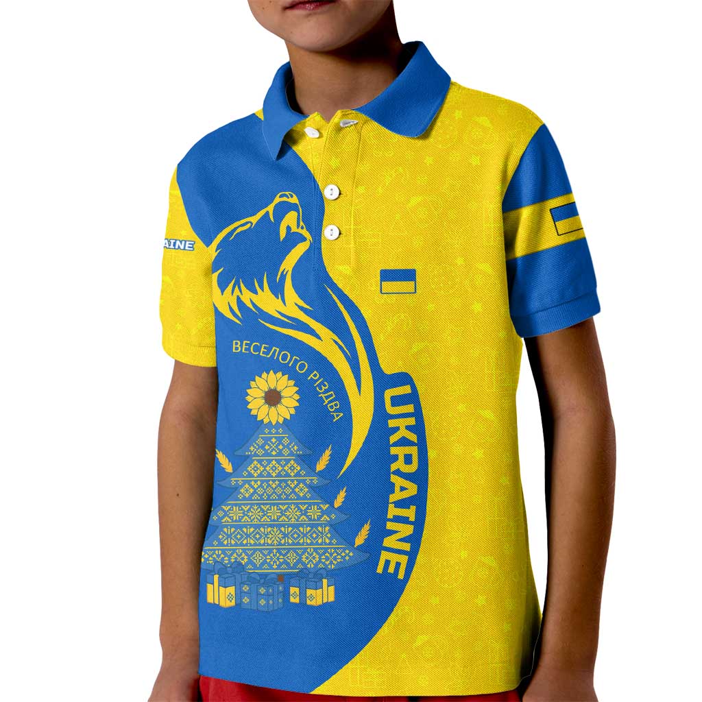 Ukraine Christmas Kid Polo Shirt with Howling Wolf Sunflower Tree and Traditional Ornament Design - Wonder Print Shop