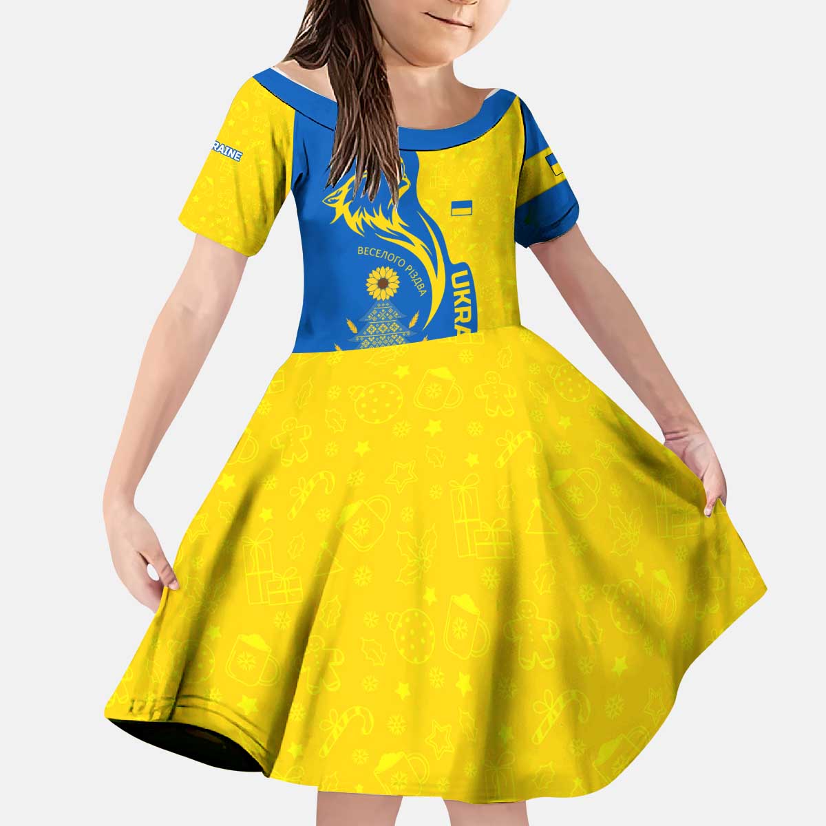 Ukraine Christmas Kid Short Sleeve Dress with Howling Wolf Sunflower Tree and Traditional Ornament Design - Wonder Print Shop