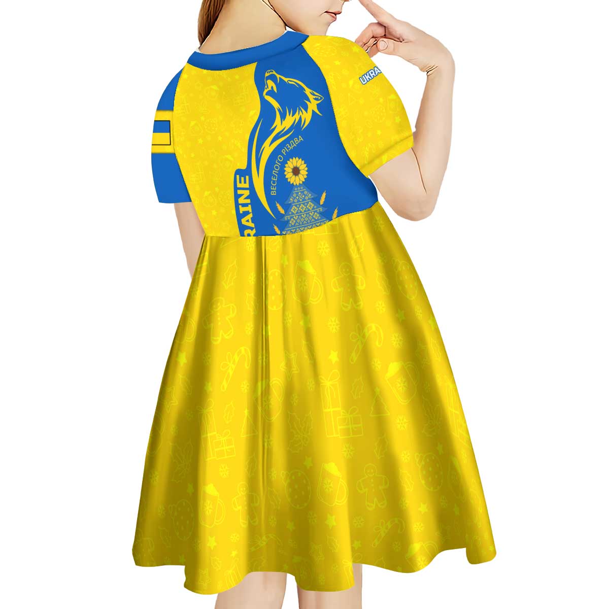 Ukraine Christmas Kid Short Sleeve Dress with Howling Wolf Sunflower Tree and Traditional Ornament Design - Wonder Print Shop