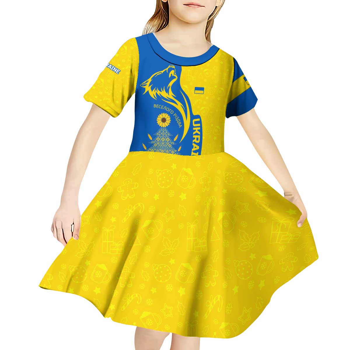 Ukraine Christmas Kid Short Sleeve Dress with Howling Wolf Sunflower Tree and Traditional Ornament Design - Wonder Print Shop
