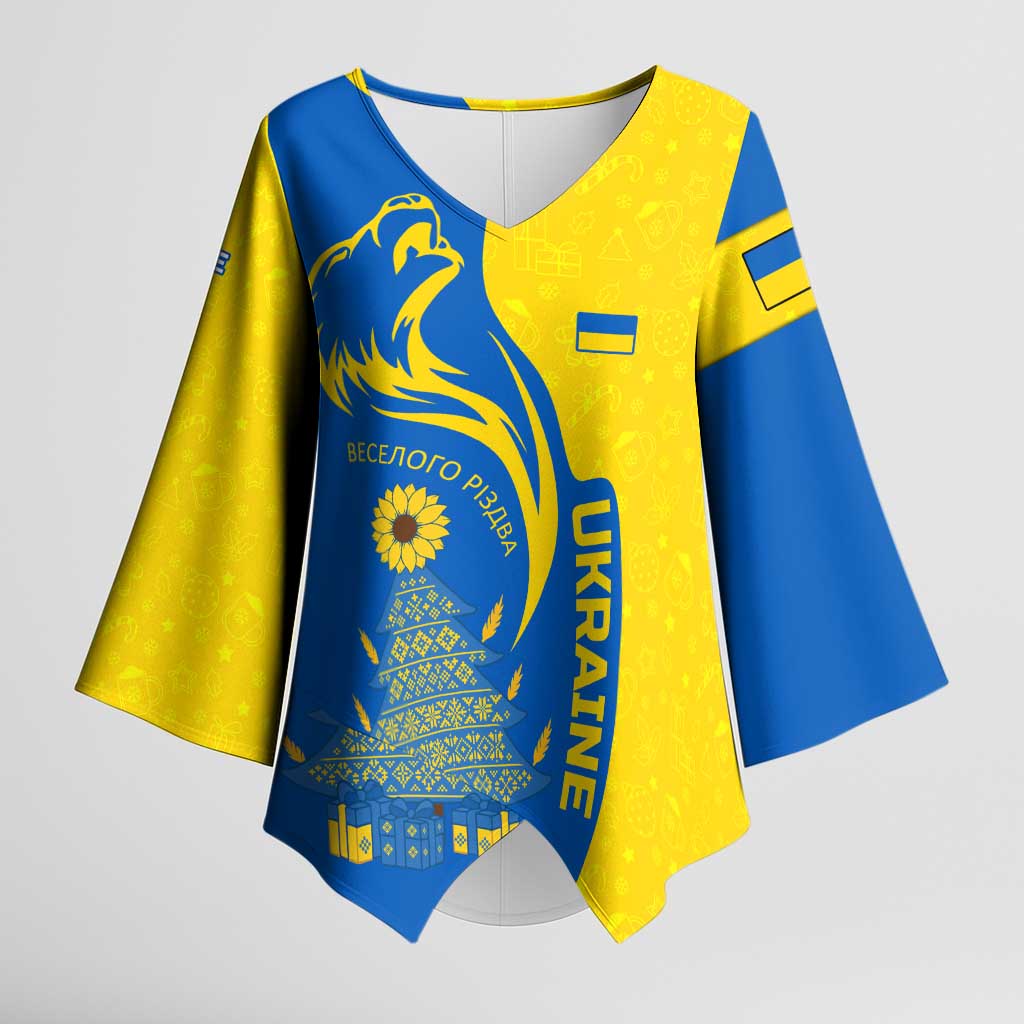 Ukraine Christmas Kimono Sleeve Blouse with Howling Wolf Sunflower Tree and Traditional Ornament Design - Wonder Print Shop