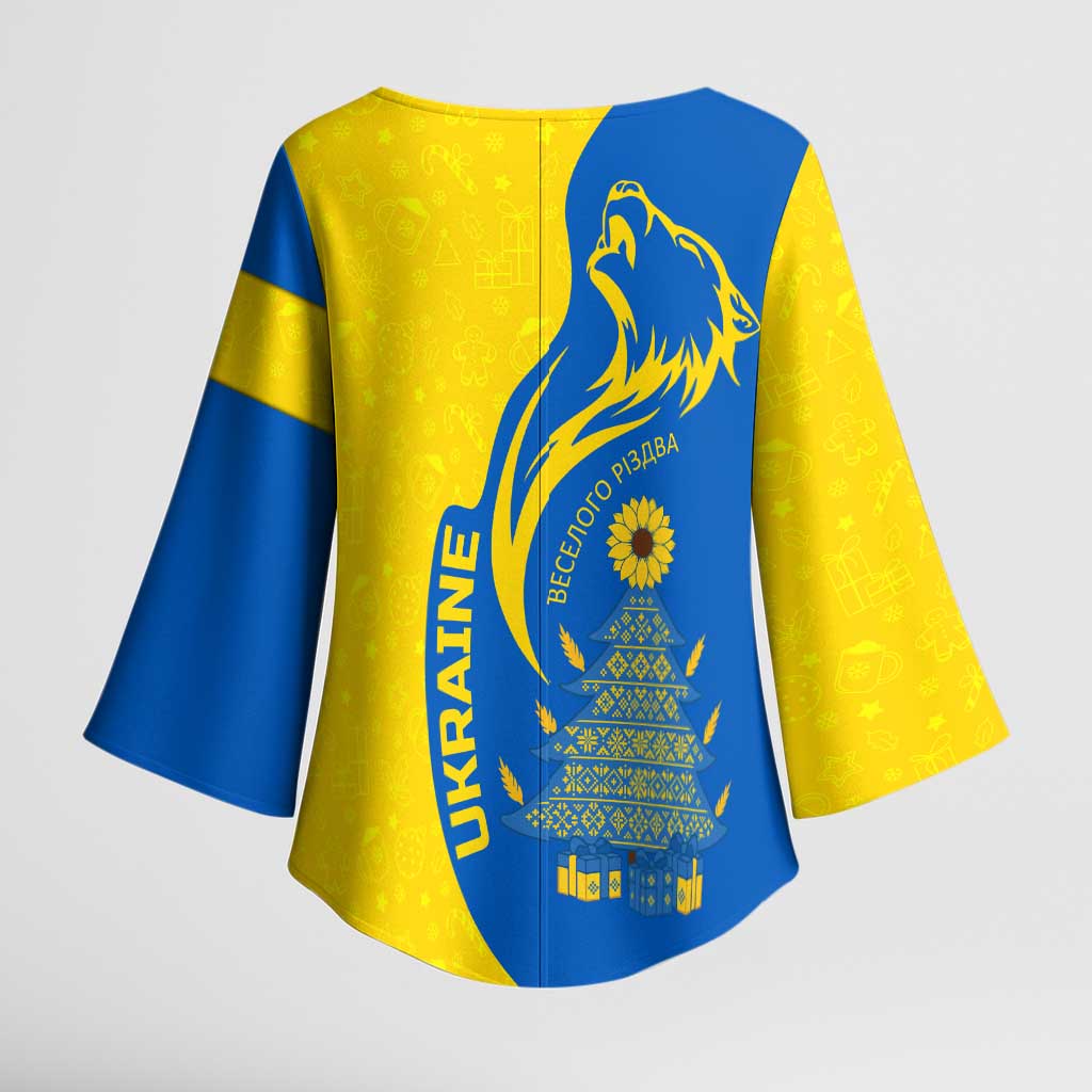 Ukraine Christmas Kimono Sleeve Blouse with Howling Wolf Sunflower Tree and Traditional Ornament Design - Wonder Print Shop