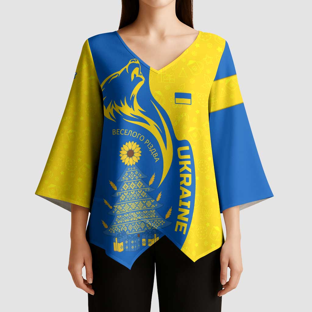 Ukraine Christmas Kimono Sleeve Blouse with Howling Wolf Sunflower Tree and Traditional Ornament Design - Wonder Print Shop
