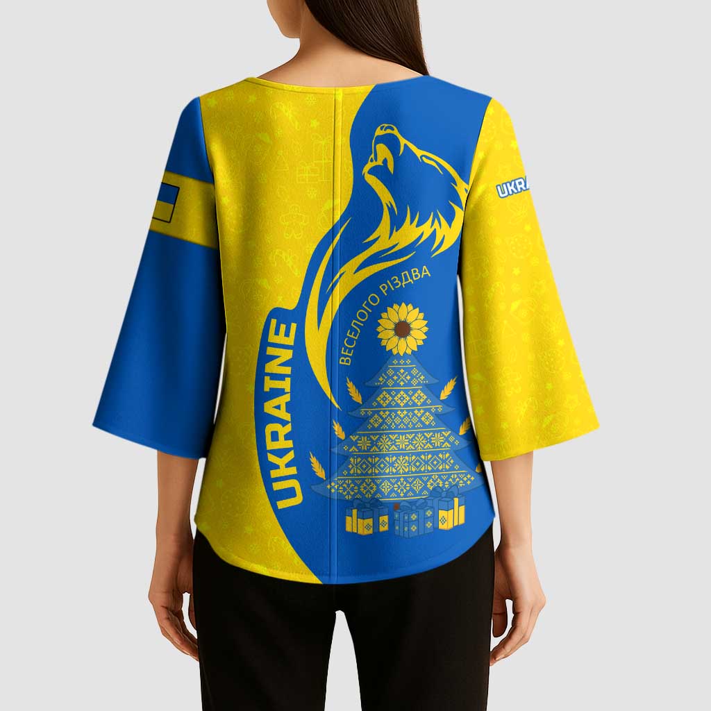 Ukraine Christmas Kimono Sleeve Blouse with Howling Wolf Sunflower Tree and Traditional Ornament Design - Wonder Print Shop