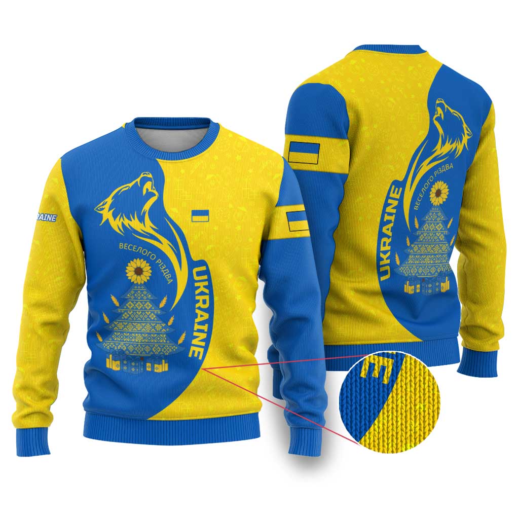 Ukraine Christmas Ugly Christmas Sweater with Howling Wolf Sunflower Tree and Traditional Ornament Design - Wonder Print Shop