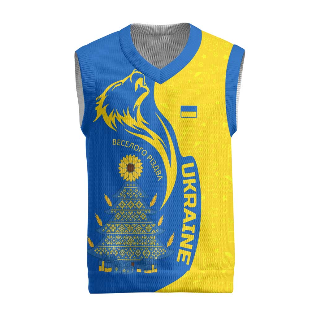 Ukraine Christmas Knitted V-Neck Vest with Howling Wolf Sunflower Tree and Traditional Ornament Design - Wonder Print Shop