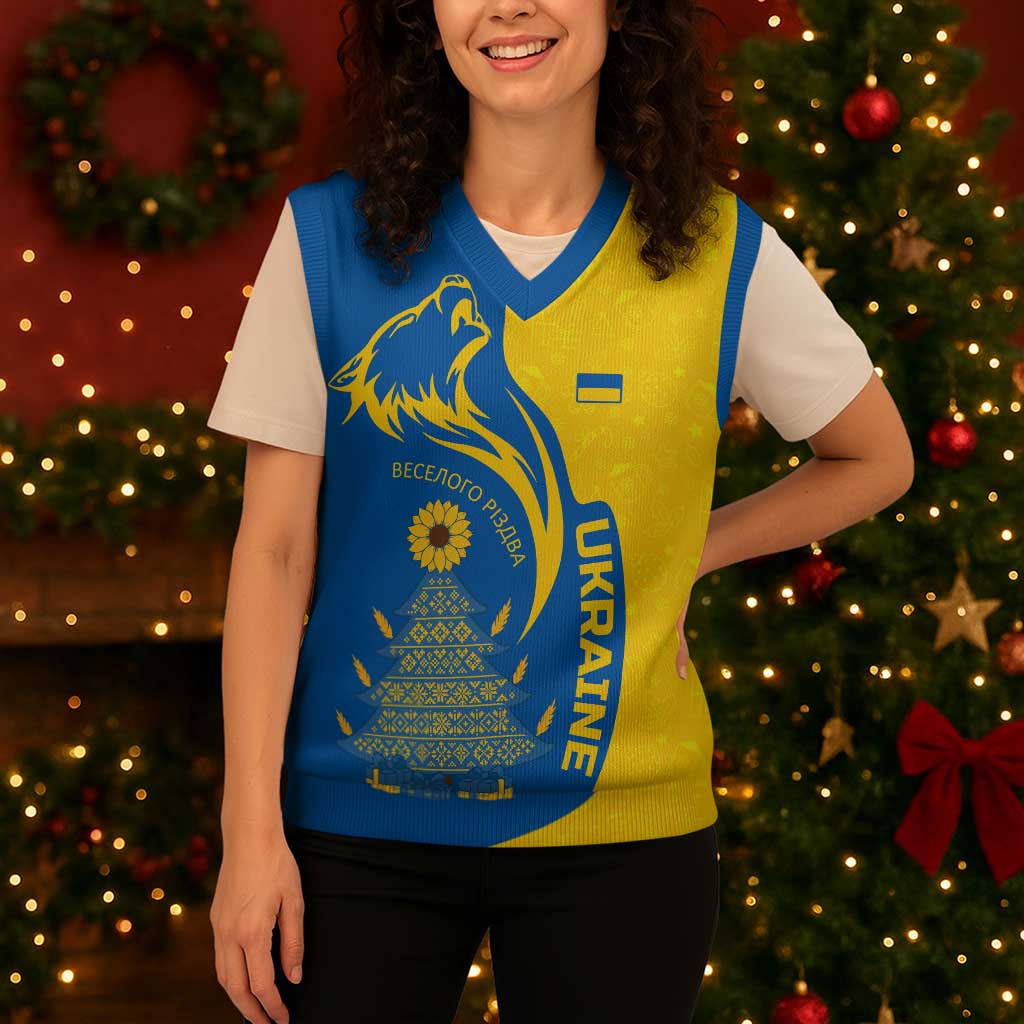 Ukraine Christmas Knitted V-Neck Vest with Howling Wolf Sunflower Tree and Traditional Ornament Design - Wonder Print Shop