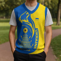 Ukraine Christmas Knitted V-Neck Vest with Howling Wolf Sunflower Tree and Traditional Ornament Design - Wonder Print Shop