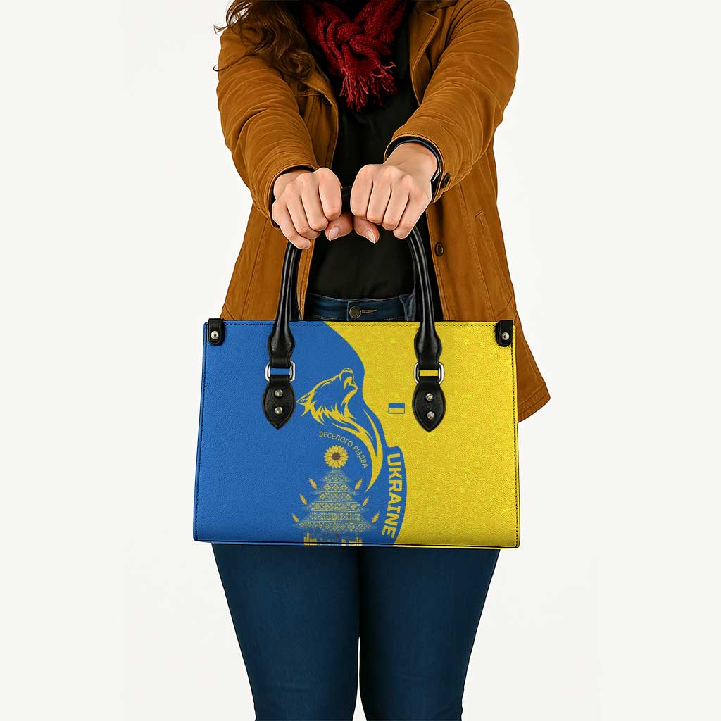 Ukraine Christmas Leather Bag with Howling Wolf Sunflower Tree and Traditional Ornament Design - Wonder Print Shop