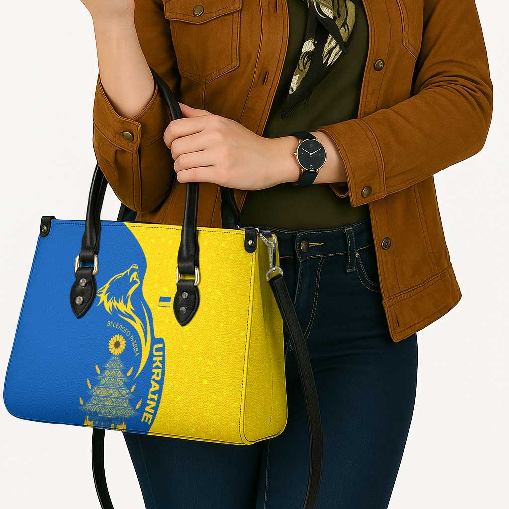 Ukraine Christmas Leather Bag with Howling Wolf Sunflower Tree and Traditional Ornament Design - Wonder Print Shop