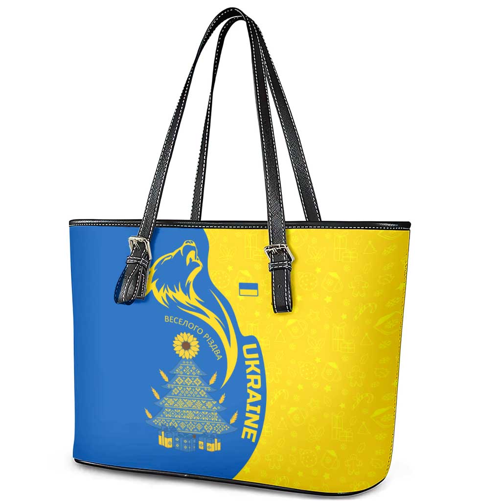 Ukraine Christmas Leather Tote Bag with Howling Wolf Sunflower Tree and Traditional Ornament Design - Wonder Print Shop