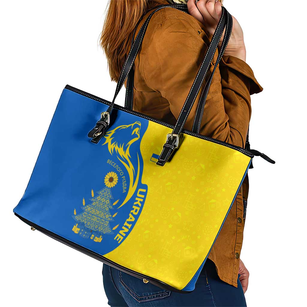 Ukraine Christmas Leather Tote Bag with Howling Wolf Sunflower Tree and Traditional Ornament Design - Wonder Print Shop