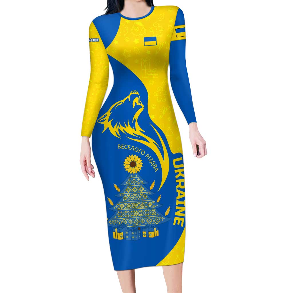 Ukraine Christmas Long Sleeve Bodycon Dress with Howling Wolf Sunflower Tree and Traditional Ornament Design - Wonder Print Shop