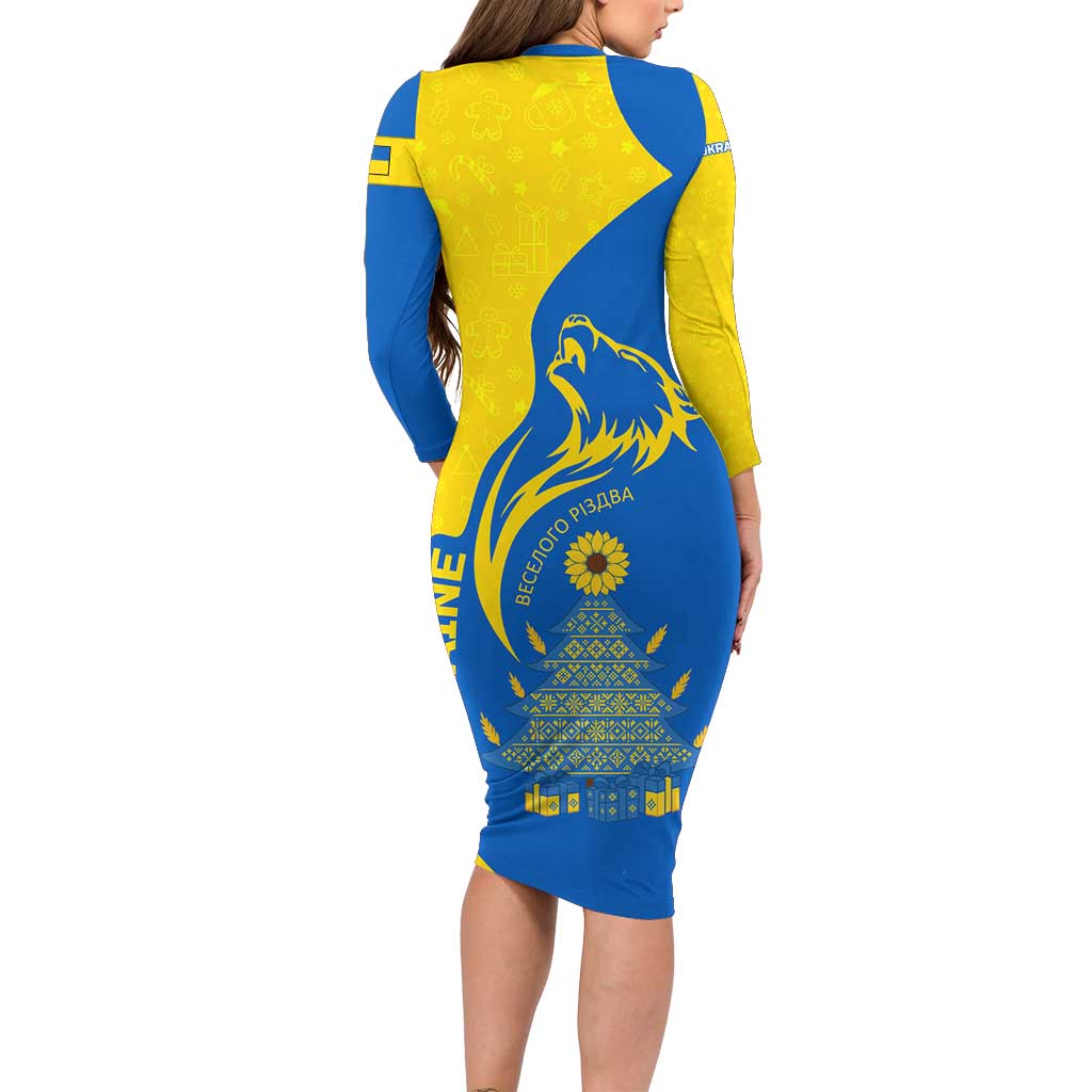 Ukraine Christmas Long Sleeve Bodycon Dress with Howling Wolf Sunflower Tree and Traditional Ornament Design - Wonder Print Shop