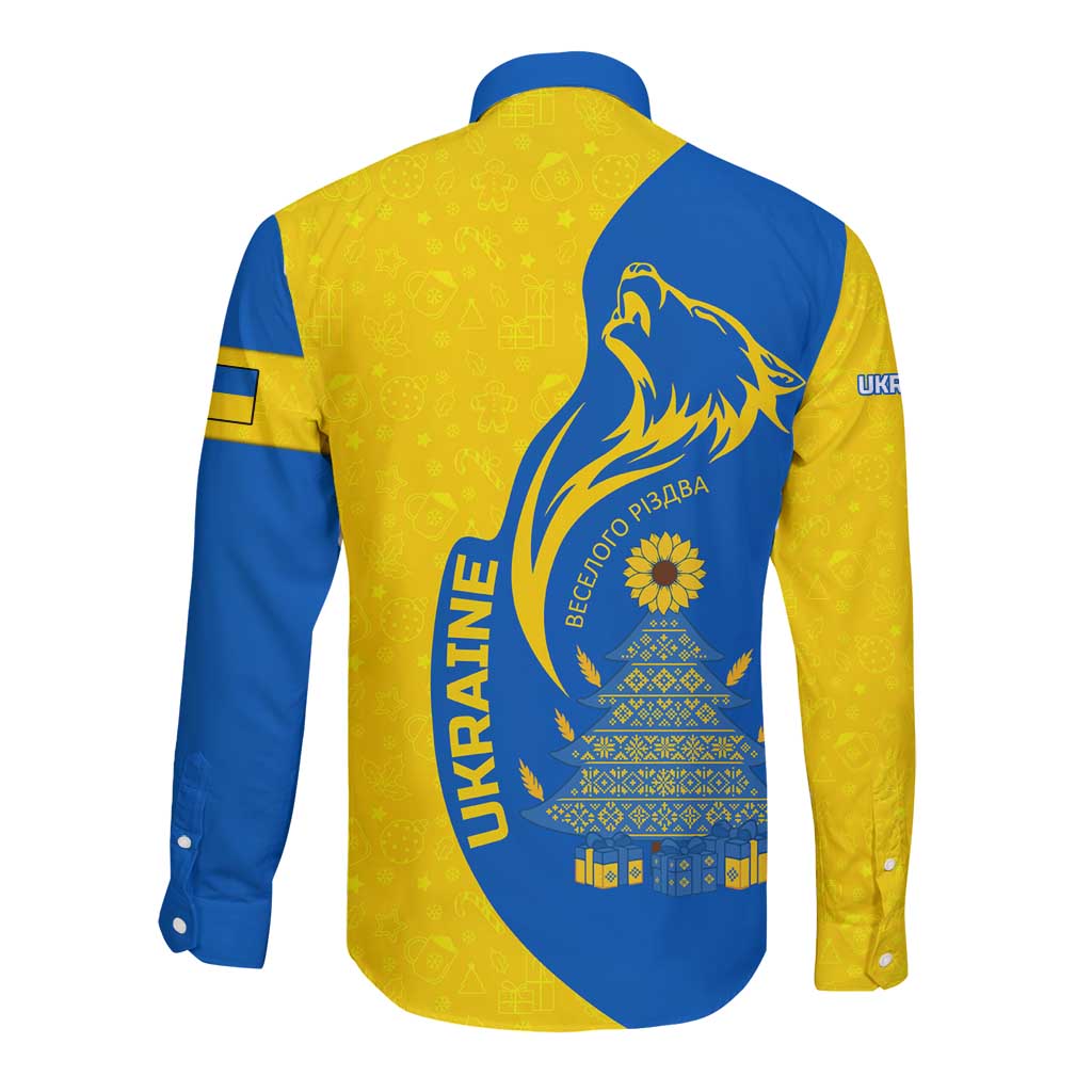 Ukraine Christmas Long Sleeve Button Shirt with Howling Wolf Sunflower Tree and Traditional Ornament Design - Wonder Print Shop