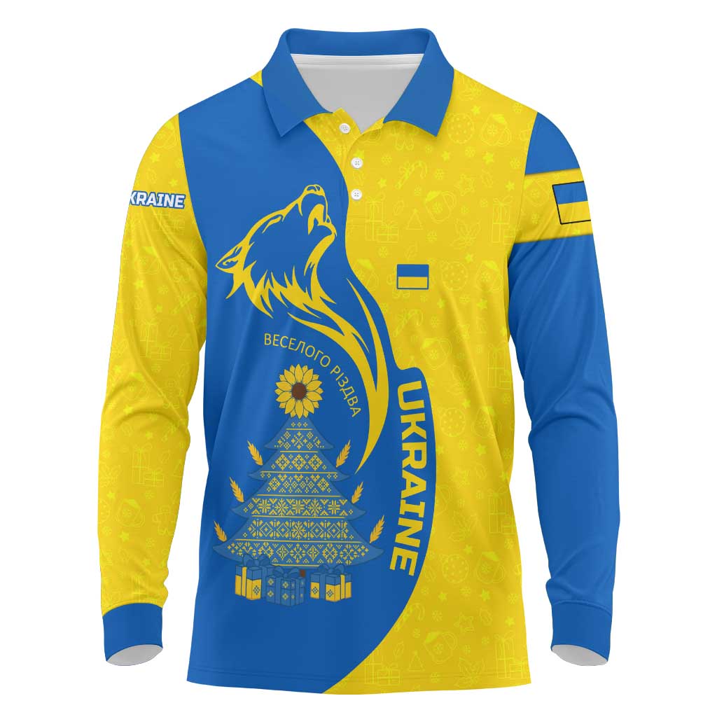 Ukraine Christmas Long Sleeve Polo Shirt with Howling Wolf Sunflower Tree and Traditional Ornament Design - Wonder Print Shop