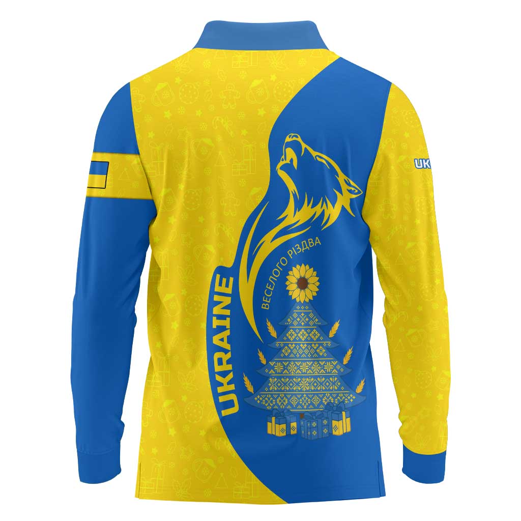 Ukraine Christmas Long Sleeve Polo Shirt with Howling Wolf Sunflower Tree and Traditional Ornament Design - Wonder Print Shop