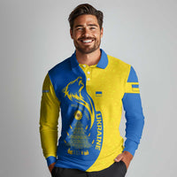 Ukraine Christmas Long Sleeve Polo Shirt with Howling Wolf Sunflower Tree and Traditional Ornament Design - Wonder Print Shop