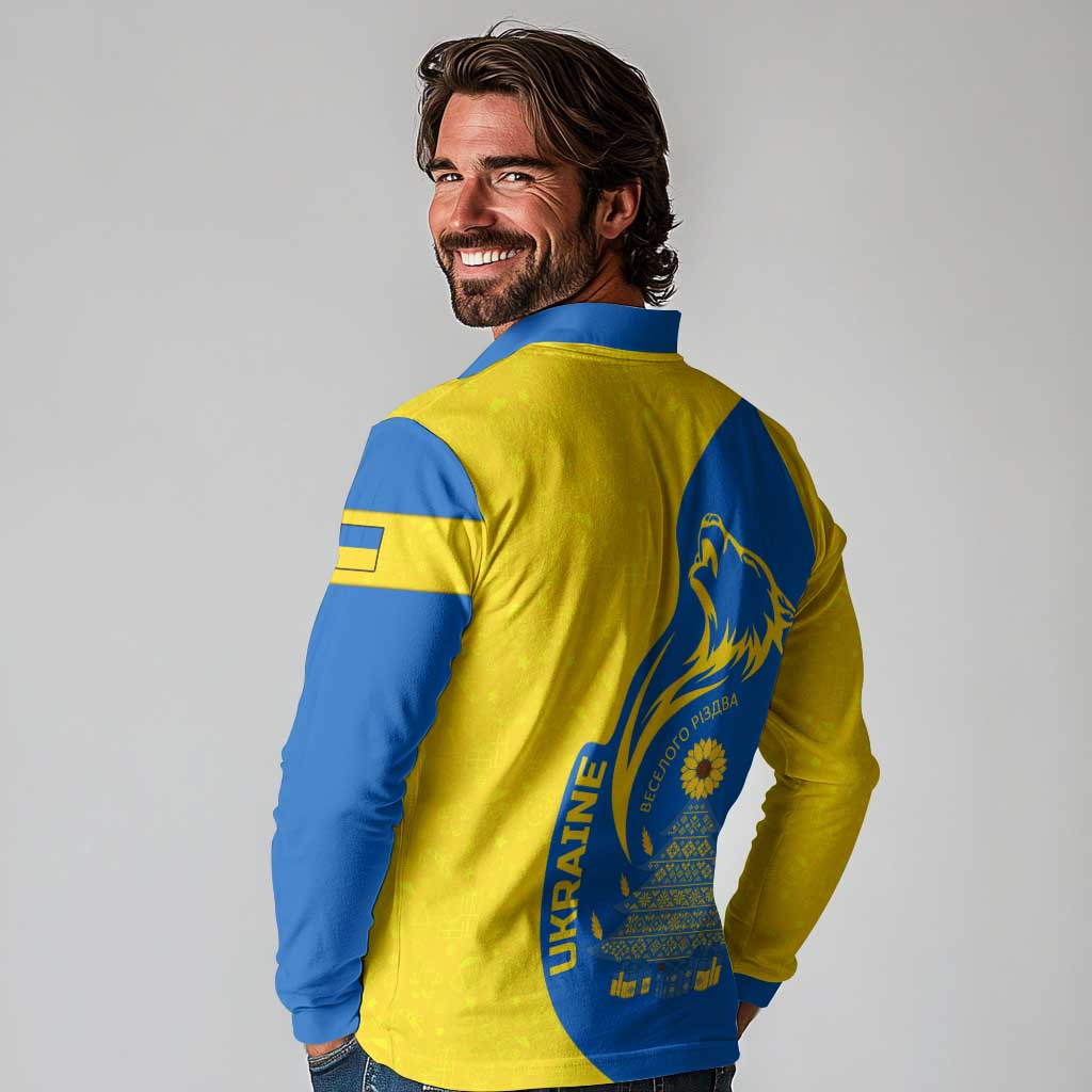 Ukraine Christmas Long Sleeve Polo Shirt with Howling Wolf Sunflower Tree and Traditional Ornament Design - Wonder Print Shop