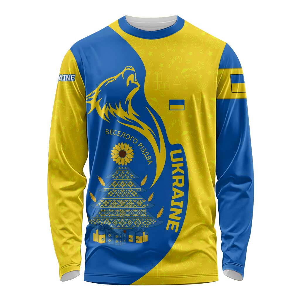 Ukraine Christmas Long Sleeve Shirt with Howling Wolf Sunflower Tree and Traditional Ornament Design - Wonder Print Shop