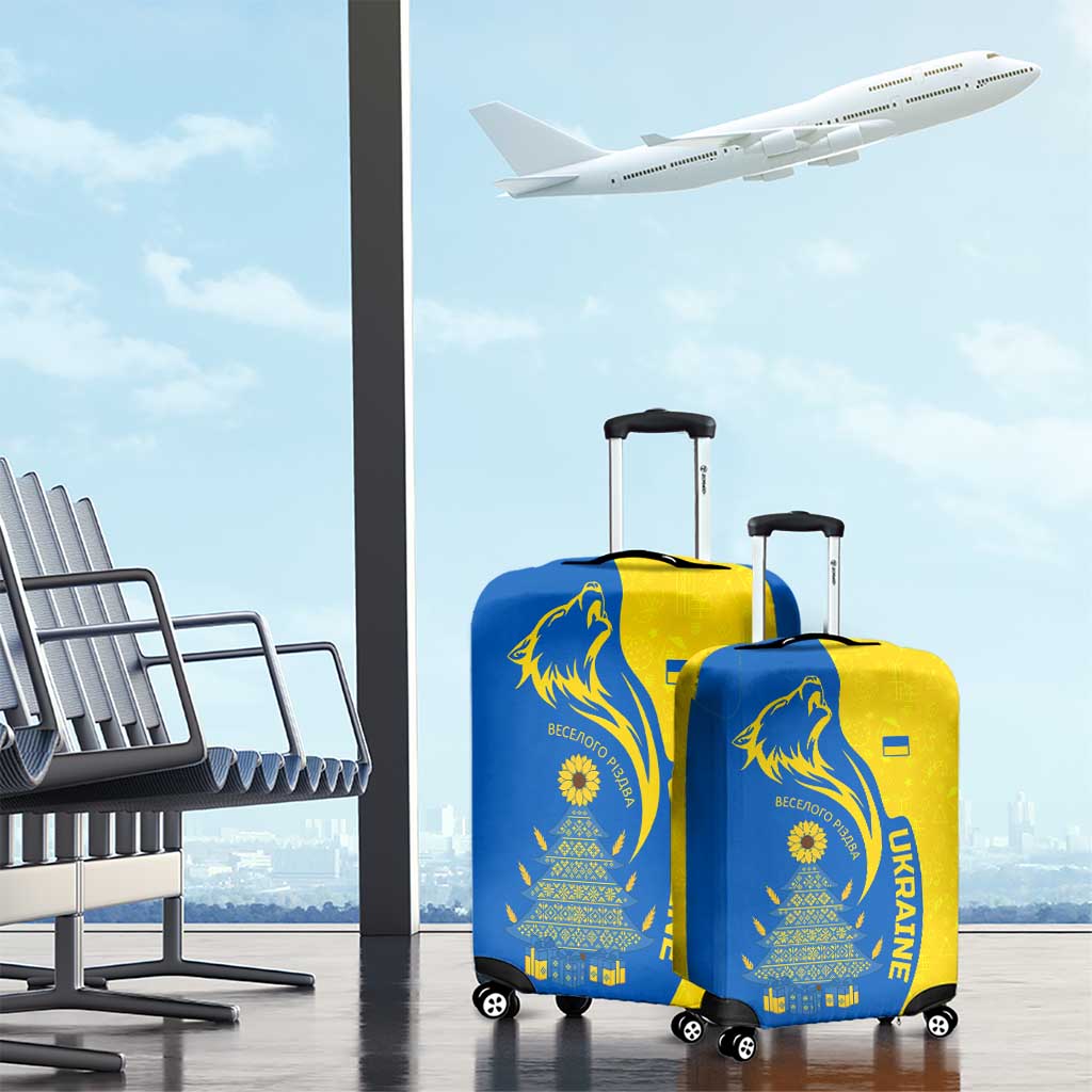Ukraine Christmas Luggage Cover with Howling Wolf Sunflower Tree and Traditional Ornament Design - Wonder Print Shop