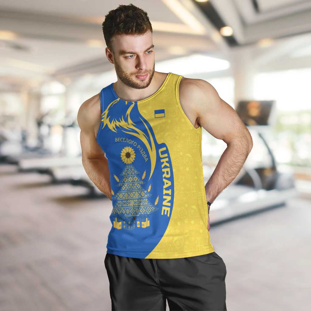 Ukraine Christmas Men Tank Top with Howling Wolf Sunflower Tree and Traditional Ornament Design - Wonder Print Shop