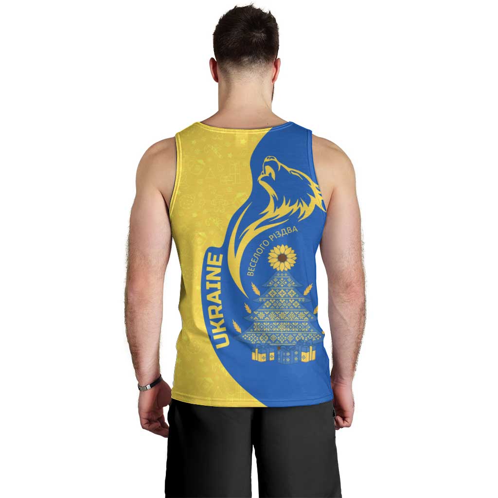 Ukraine Christmas Men Tank Top with Howling Wolf Sunflower Tree and Traditional Ornament Design - Wonder Print Shop